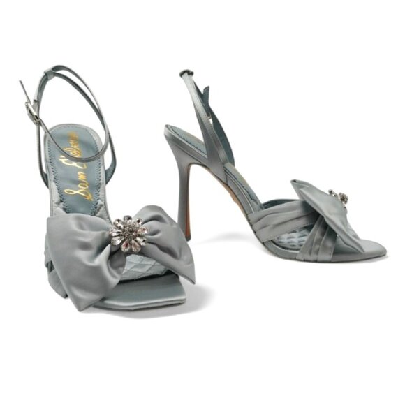 Sam Edelman Lexi Size 9 Cape Blue Satin Embellished Bow Ankle Strap Dress Sandal - Picture 11 of 16